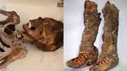 Múmia encontrada na Mongólia e detalhe dos calçados - Divulgação/Centro do Patrimônio Histórico da Mongólia