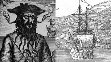 Ilustrações do pirata 'Barba Negra' Edward Teach e do navio Queen Anne's Revenge - Domínio Público via Wikimedia Commons