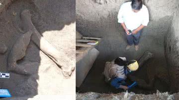 Fotografias mostrando ossos sendo desenterrados - Divulgação/ INAH