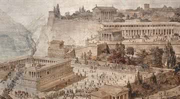 Ilustração de como era a antiga cidade grega de Pérgamo - Wikimedia Commons