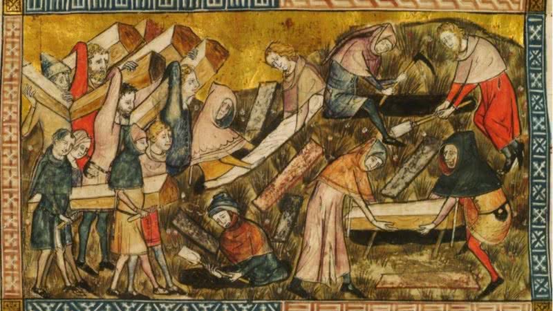 Obra de arte de 1353 representando vítimas da peste negra sendo enterradas - Domínio Público