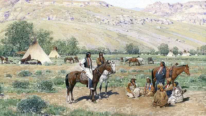 Pintura meramente ilustrativa de conselho de nativos-americanos por Henry F. Farny