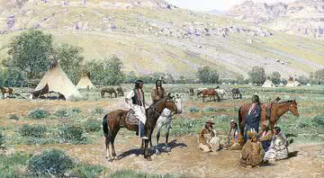 Pintura meramente ilustrativa de conselho de nativos-americanos por Henry F. Farny - Domínio Público