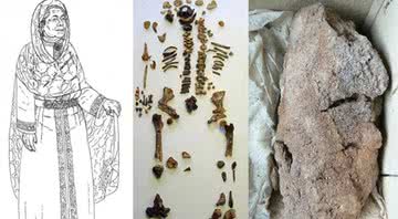 Ilustração da rainha Arnegunde, o esqueleto da nobre e o pulmão mumificado - Divulgação/L. Brossard/Inrap