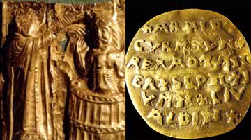 Representação do rei Harald 'Bluetooth' sendo batizado pelo bispo Poppo e moeda de sua época - Anagoria via Wikimedia Commons / Divulgação/Sven Rosborn
