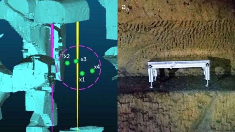 À esquerda, representação visual em 3D da sepultura encontrada, e à direita, um detector de emulsão nuclear a 18 metros abaixo do chão - Divulgação/Tioukov, V, et al. (2023)