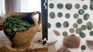 Imagem da descoberta de moedas de bronze do século XVII realizada por detector de metais - Divulgação / WKZ Lublin