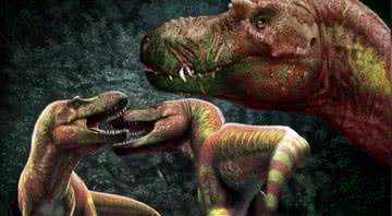 Ilustração de briga entre tiranossauros - Divulgação/Julius Csotonyi/Royal Tyrrell Museum