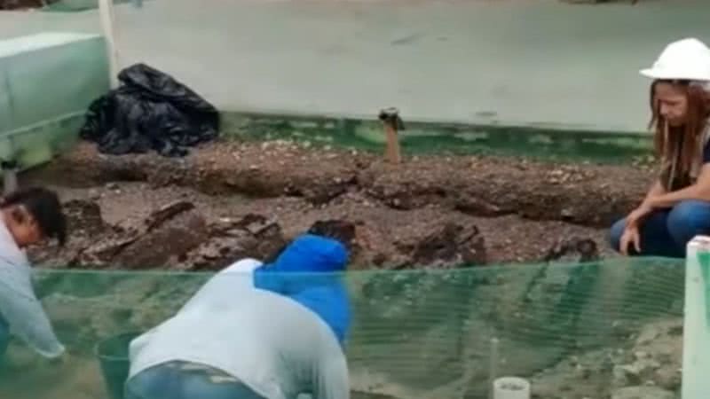 Dormentes de madeira encontrados durante as escavações em Fortaleza