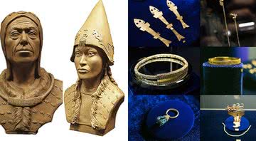 Reconstruções faciais e alguns dos artefatos descobertos na tumba - Divulgação - Elizaveta Veselovskaya / Ravil Galeev
