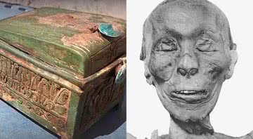 Caixa descoberta neste ano e múmia do faraó Tutmés II - Divulgação / Wikimedia Commons