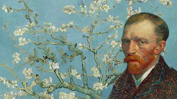 Autorretrato de Vincent van Gogh com a obra 'Amendoeira em Flor' ao fundo - Domínio Público via Wikimedia Commons