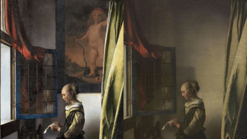 Antes e depois de Girl Reading a Letter at an Open Window, Johannes Vermeer - Divulgação/Vídeo/theartnewspaper