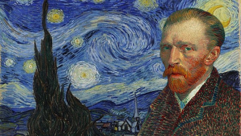 Montagem com autorretrato de Vincent van Gogh com obra 'A Noite Estrelada' ao fundo - Domínio Público via Wikimedia Commons