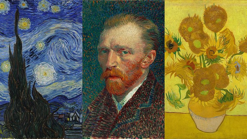 'A Noite Estrelada', 'Autorretrato' e 'Os Girassóis', de Vincent van Gogh - Domínio Público via Wikimedia Commons