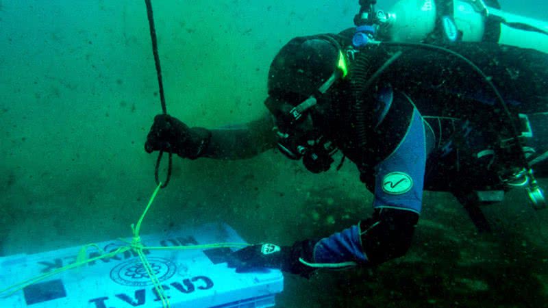 Mergulhador devolvendo os artefatos ao mar - Instituto Nacional de Antropologia e História