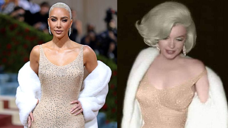 Montagem de Kim Kardashian e Marilyn Monroe em imagem colorizada com o mesmo vestido