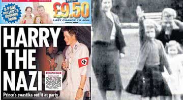 Jornais mostram, à esquerda, o príncipe Harry vestido de soldado da SS, e à direita, a Rainha Elizabeth fazendo saudação nazista quando criança - Divulgação