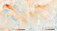 Dados de satélite mostram as emissões de dióxido de nitrogênio no norte da Itália em 24 de fevereiro (esquerda) e 8 de março - Divulgação/Twitter