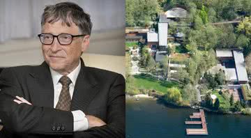 Bill Gates (à esq.) junto a uma imagem aérea de sua residência (à dir.) - Wikimedia Commons / Bing Maps