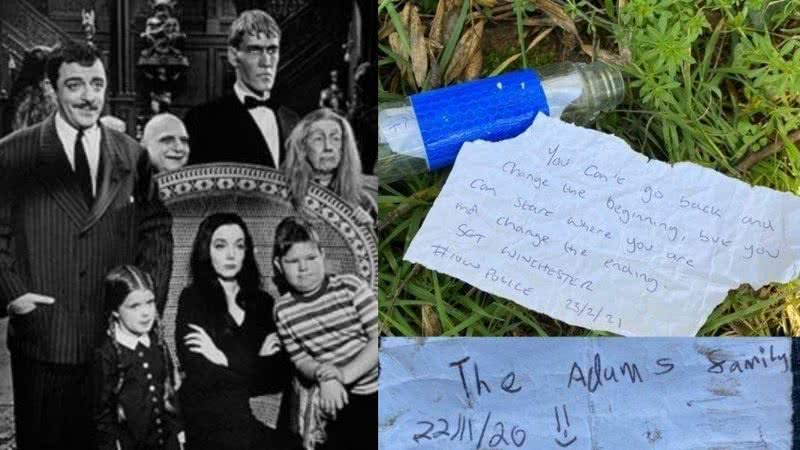 Elenco do seriado 'Família Addams' (esq.) junto de embalagem aberta por policial (dir.) - Divulgação