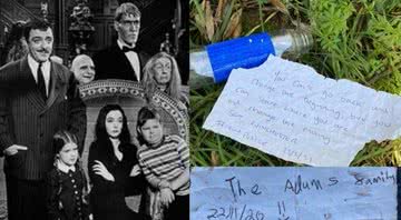 Elenco do seriado 'Família Addams' (esq.) junto de embalagem aberta por policial (dir.) - Divulgação