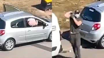 À esquerda homem mostrando as nádegas durante fuga e à direita policial no local - Reprodução/Twitter