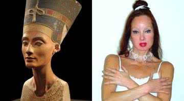Busto da faraó ao lado de Nileen - Wikimedia Commons (esq.) - Divulgação/Twitter/QueenNefertiti4/23.11.2011 (dir.)