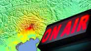 Montagem do mapa ilustrando a intensidade do terremoto com placa de "ON AIR" - USGS ShakeMap / Wikimedia Commons/Arielinson