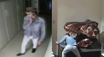 O jovem com o chapéu roubado (à esq.) e tirando uma selfie com o fóssil de dinossauro (à dir.) - Divulgação