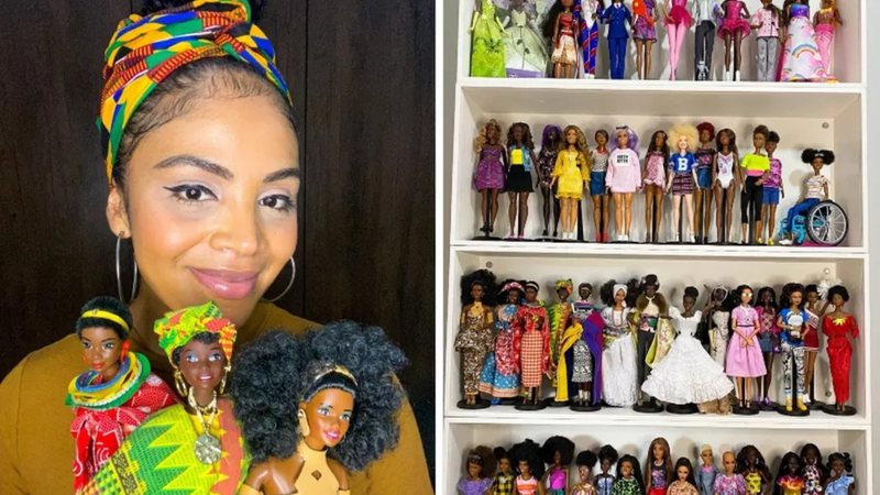 A jornalista Rafaele Breves, com seção de sua coleção de Barbies negras