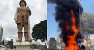 O antes e depois da estátua - Wikimedia Commons / Gustavo Vivancos (esq.) - Divulgação / Twitter / Jornalistas Livres (dir.)