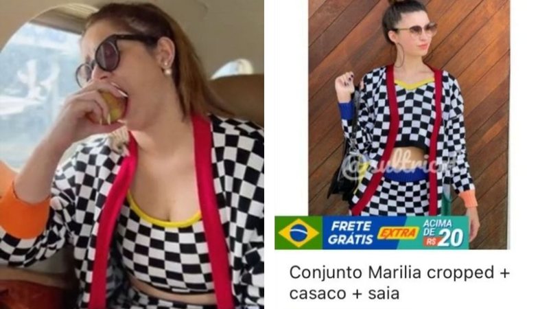 Montagem de Marília com a roupa em anúncio - Divulgação / Redes sociais