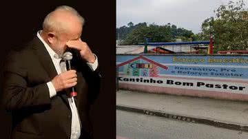 Montagem com Lula chorando durante discurso, em 2022, e fachada de creche - Divulgação / Vídeo / YouTube / Google Street View