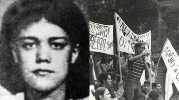 Dinalva Oliveira Teixeira, mulher que enfrentou a Ditadura Militar, e fotografia de manifestação do movimento estudantil, o qual fazia parte - Fotos por Memórias da Ditadura e Arquivo Nacional pelo Wikimedia Commons