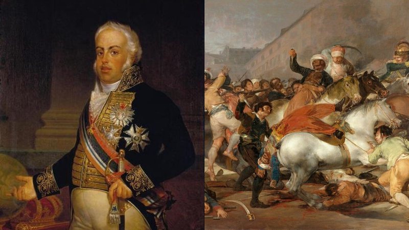 Montagem mostrando pintura de Dom João VI (à esquerda) e da Guerra Peninsular (à direita) - Domínio Público via Wikimedia Commons
