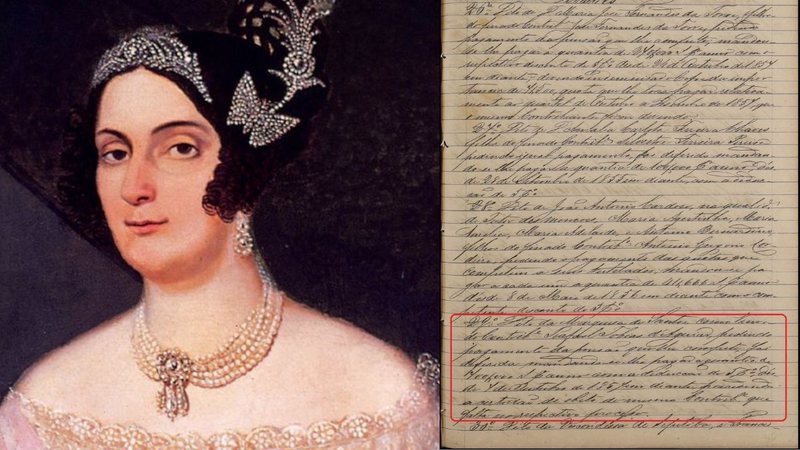 Montagem mostrando pintura de Marquesa de Santos e documento citado - Domínio Público