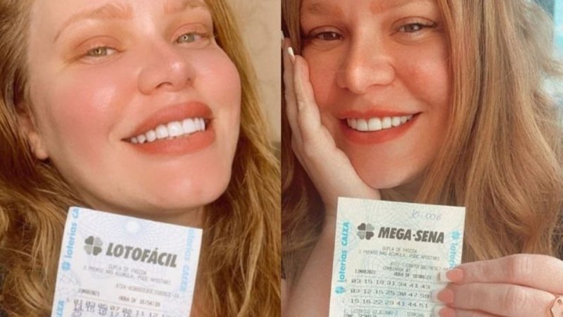Fotos de Paulinha Leite com seus bilhetes de loteria premiados