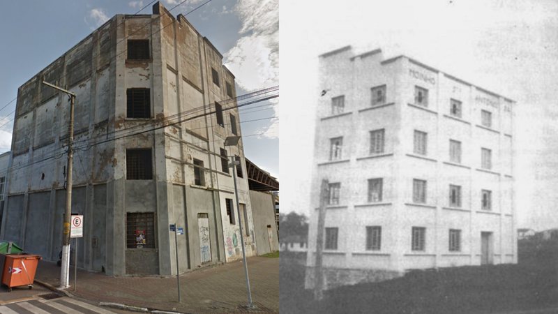 Imagens da sede do Moinho Santo Antônio atualmente e na década de 1950