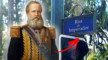 Montagem de Dom Pedro II com placa em Petrópolis - Divulgação / Google Street View / Domínio Público
