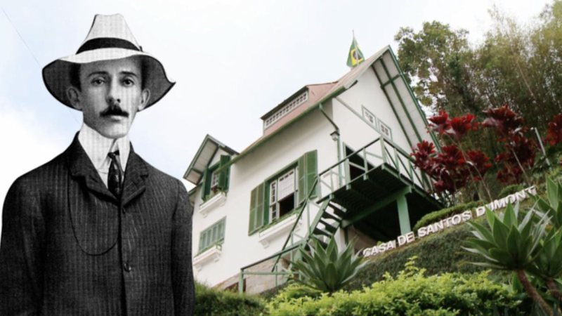 Montagem mostrando Santos Dumont e fotografia de sua casa - Divulgação/ Conhecendo Museus e Divulgação/ Domínio Público