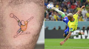 Fotografia de tatuagem em homenagem a gol de Richarlison na Copa do Mundo, e icônico momento em partida - Reprodução/Instagram @wes_inked / Getty Images