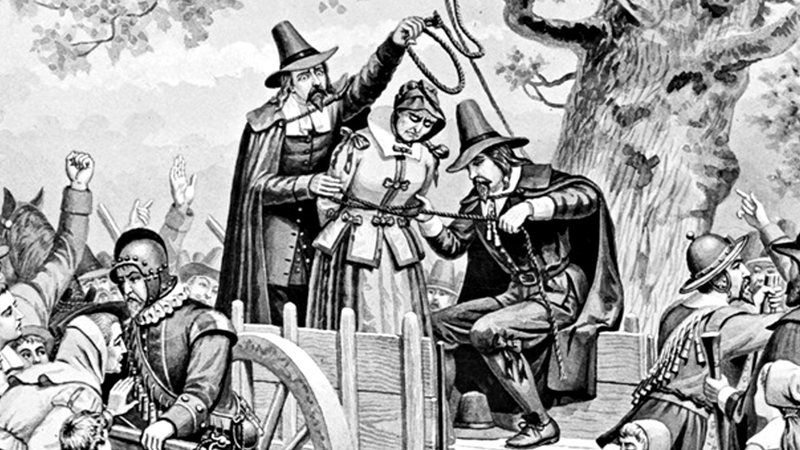 Ilustração de uma mulher sendo executada por bruxaria