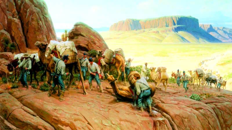 Obra de Thomas Lovell que representa os camelos no Texas - Reprodução / Permian Basin Petroleum Museum e Library and Hall of Fame of Midland