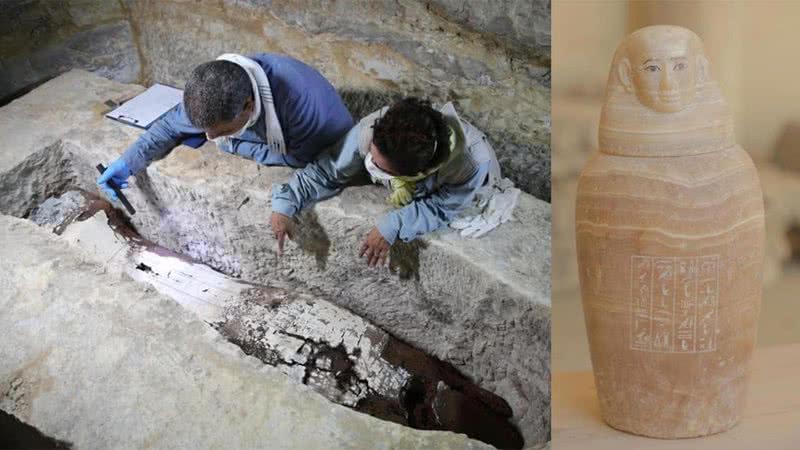 Uma das tumbas encontradas (á esq.) junto a uma das jarras extra-canópicas (à dir.) - Ministério do Turismo e Antiguidades do Egito