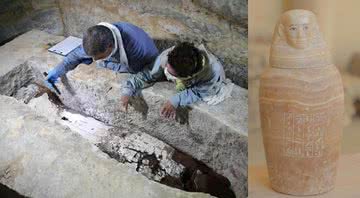 Uma das tumbas encontradas (á esq.) junto a uma das jarras extra-canópicas (à dir.) - Ministério do Turismo e Antiguidades do Egito