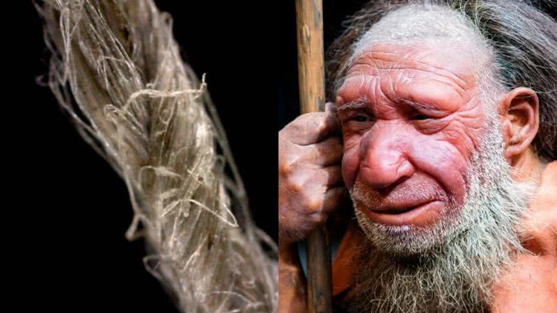 Cordas feita pelos neandertais ao lado de uma reconstrução de um neandertal - Divulgação