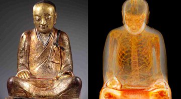Estátua de Buda, e ao lado, a reprodução de como estaria o esqueleto - Divulgação