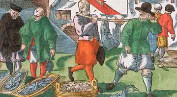 Ilustração de um mercado de peixes medieval - Getty Images