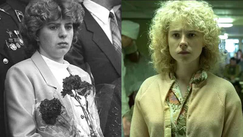 Á esquerda, Lyudmila Ignatenko da vida real; Á direita, personagem da série Chernobyl (HBO) - Divulgação/HBO